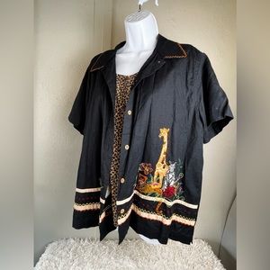 Lemon Grass Safari Button Up Embroidered Blouse with Faux Vest.